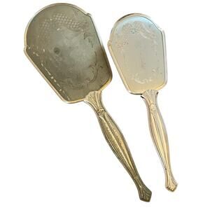Vintage Gold Tone Silvertone Etched Flowers Handheld Mirror & Brush Vanity Set